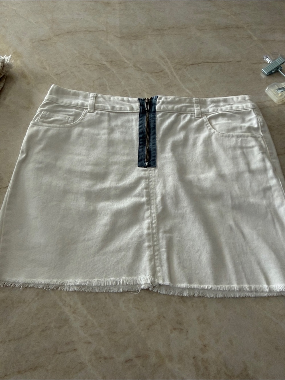 White Denim Mini Skirt with Exposed Zip